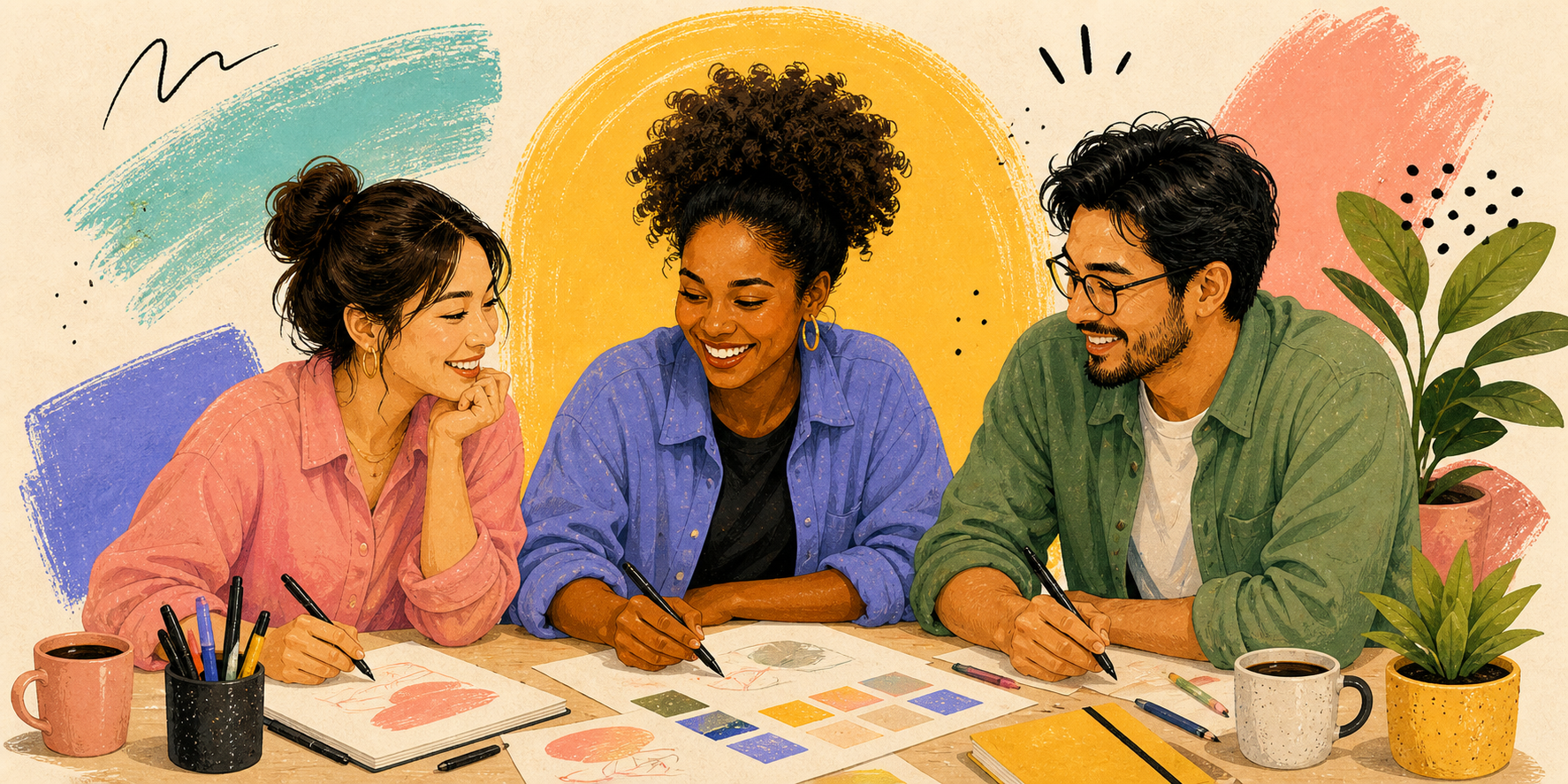 Three smiling studio collaborators gather around sketches and color swatches.