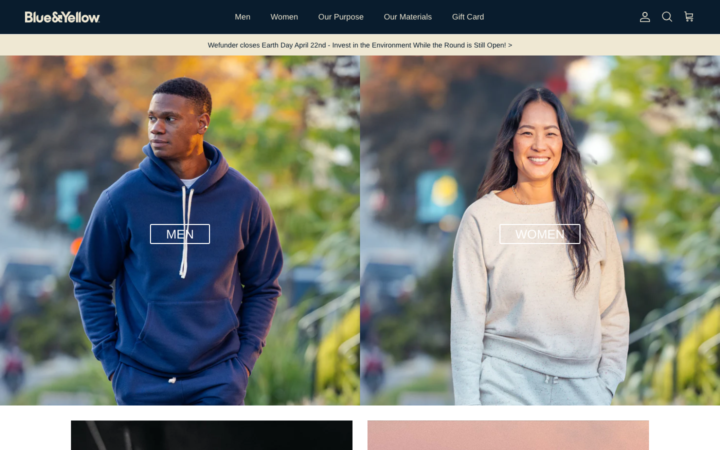 Blue & Yellow Project homepage with sustainable clothing navigation, purpose links, and ecommerce storefront content.