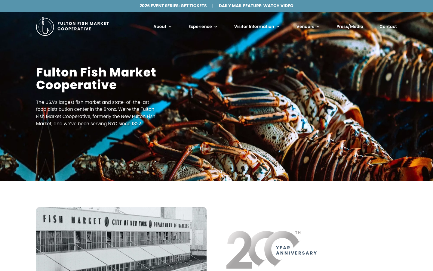 Fulton Fish Market Cooperative homepage with seafood market hero image and audience navigation.