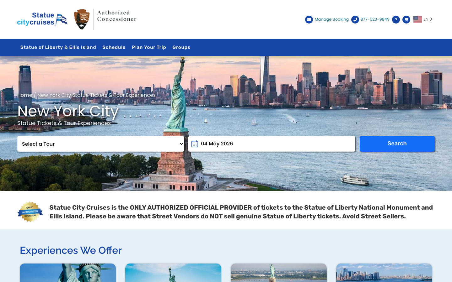 Statue City Cruises homepage with New York City ticket search and Statue of Liberty tour content.