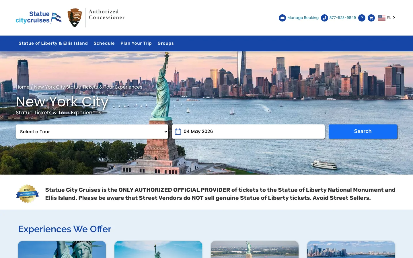 Statue City Cruises homepage with New York City ticket search and Statue of Liberty tour content.