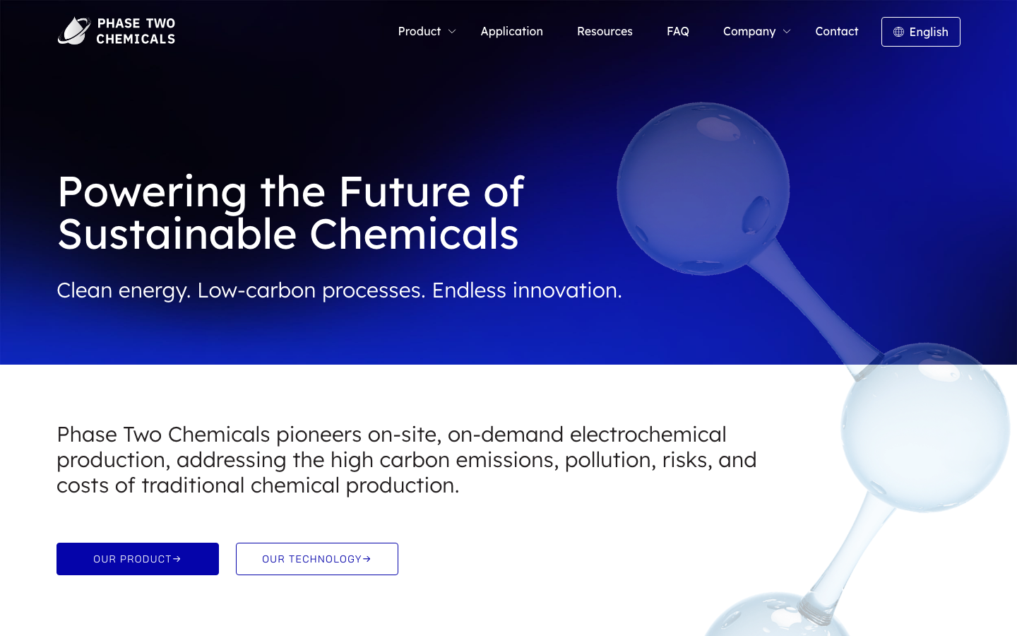 Phase Two Chemicals homepage with sustainable chemicals messaging and product navigation.
