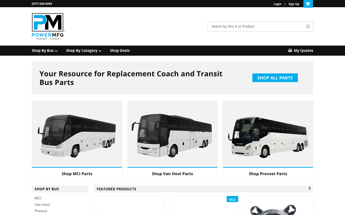 Power Manufacturing homepage with transit and coach parts search, account tools, and shop navigation.