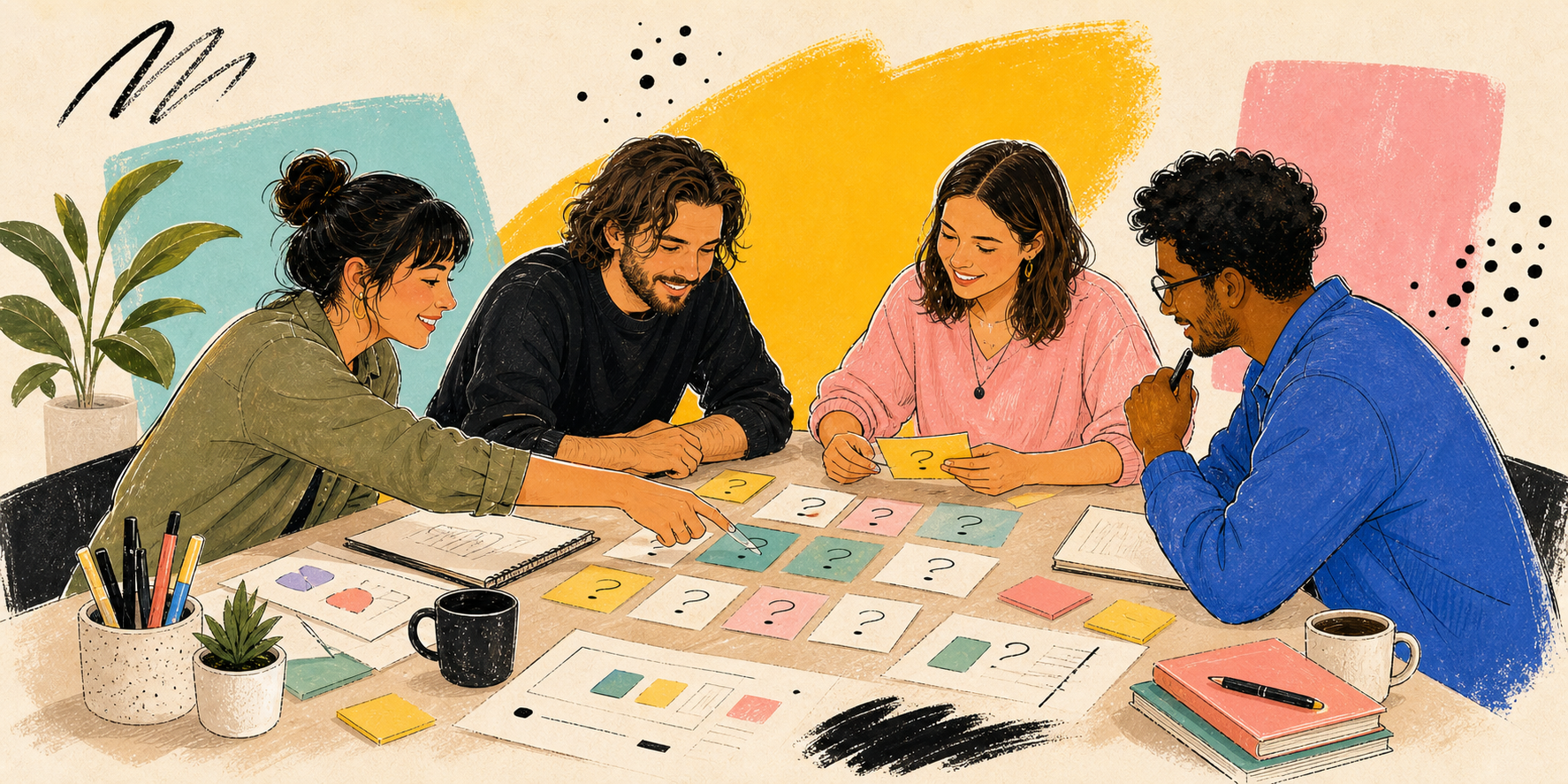 Collaborators arrange question cards and planning notes during a warm studio working session.