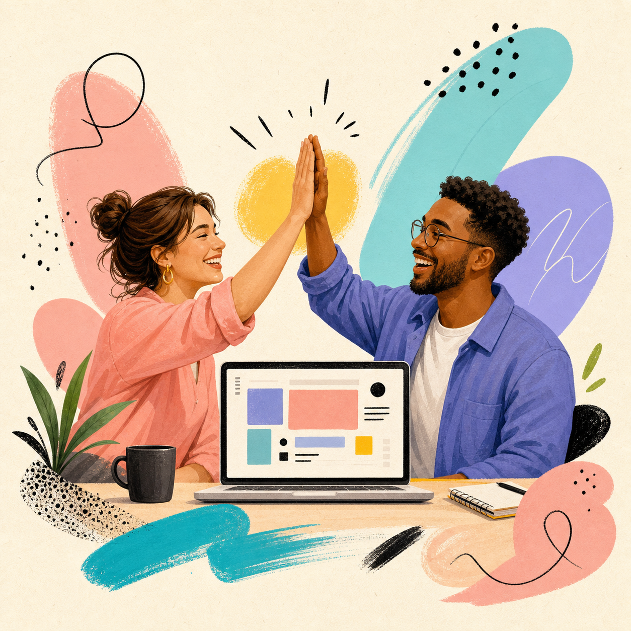 A client and studio partner high-five beside a laptop with colorful launch screens.