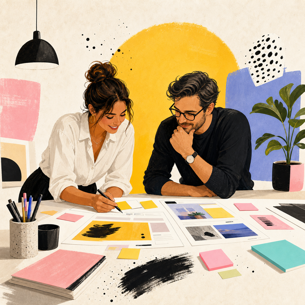 Two collaborators review website layouts and sticky notes around a bright studio table.