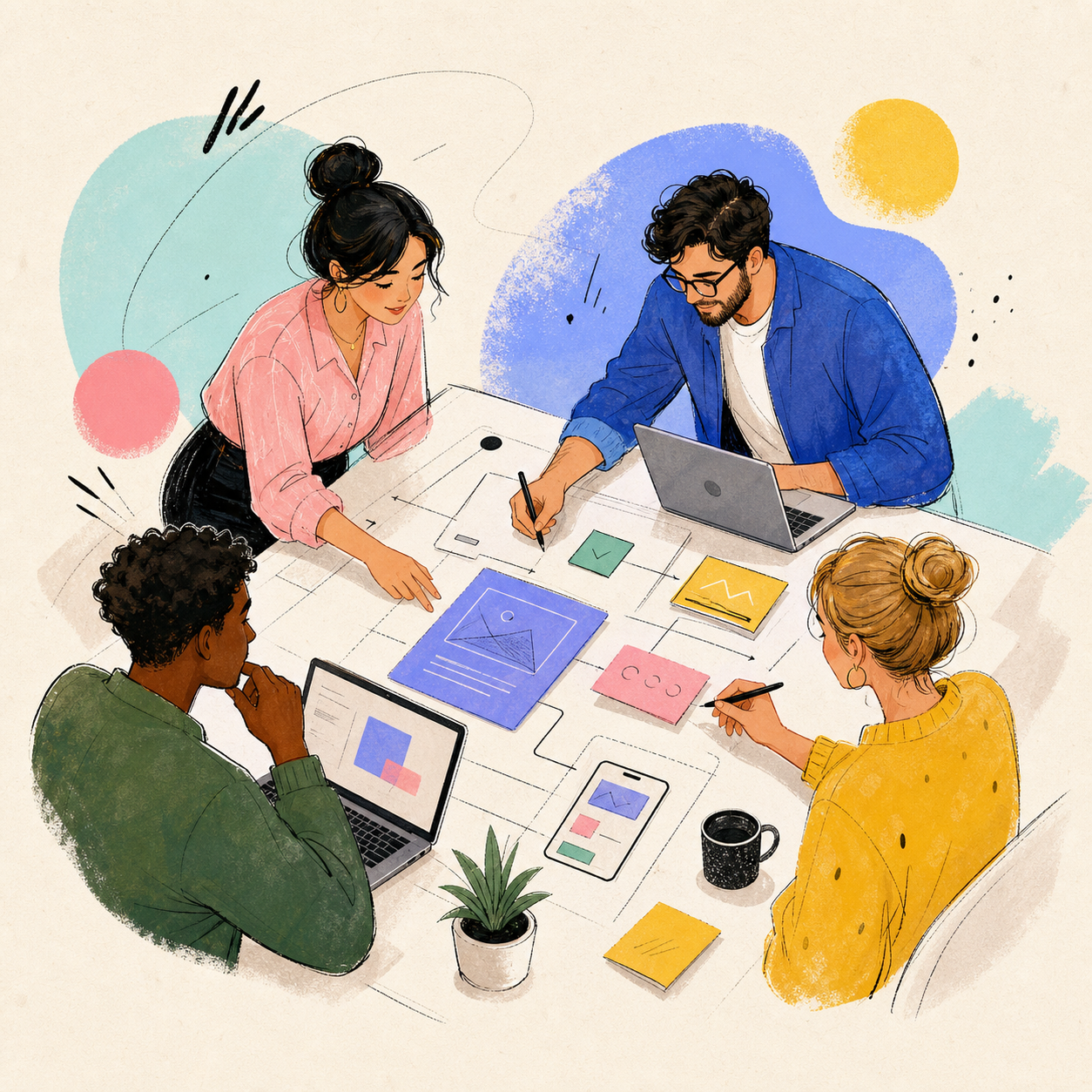 A studio team sketches connected workflows with laptops, interface cards, and planning notes.