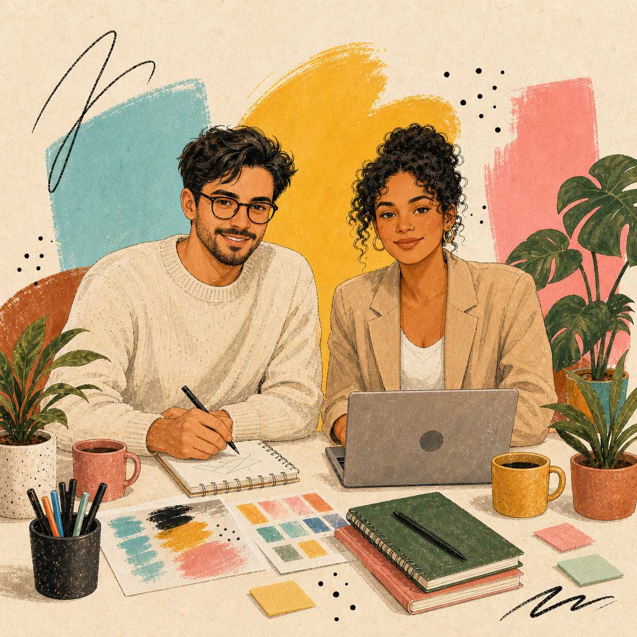 Illustrated two-person studio founder team facing forward at a creative work table.