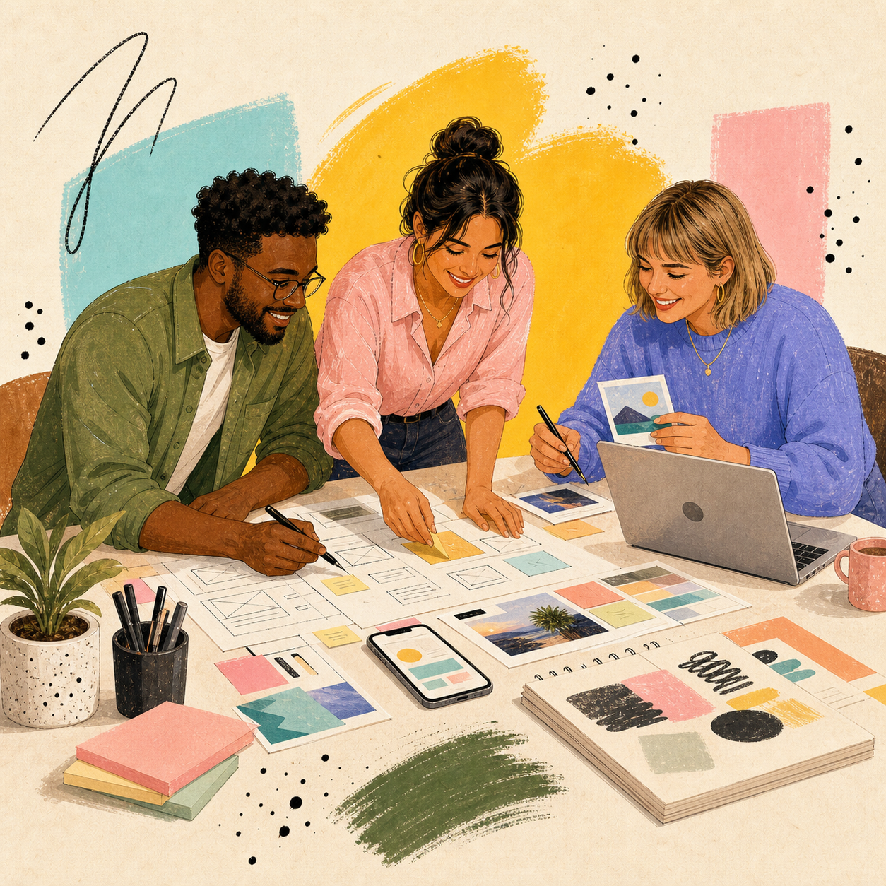 Illustrated studio team arranging website wireframes, campaign pieces, and automation notes on a table.