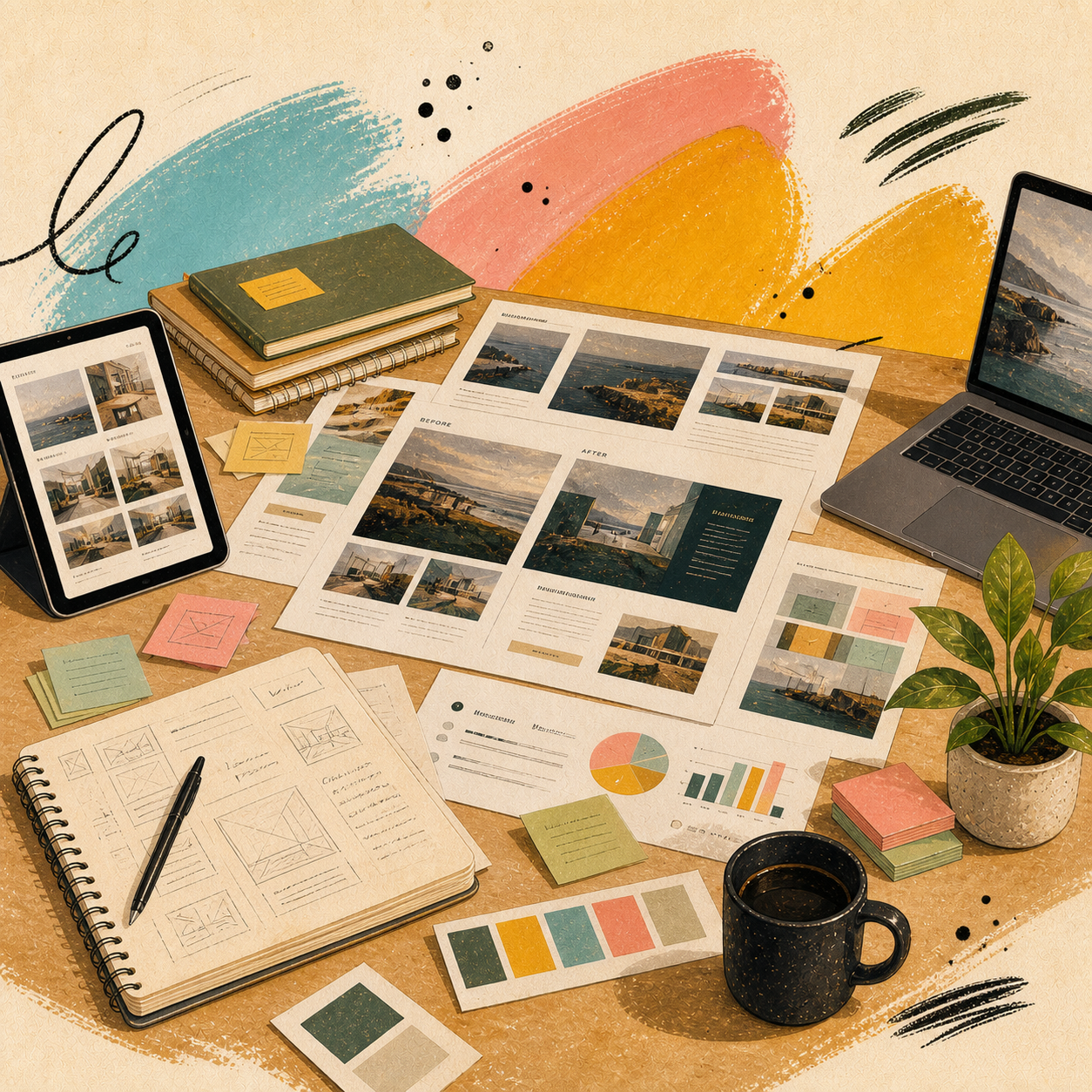 Illustrated case study table with finished website pages, project boards, outcome charts, and studio notes.
