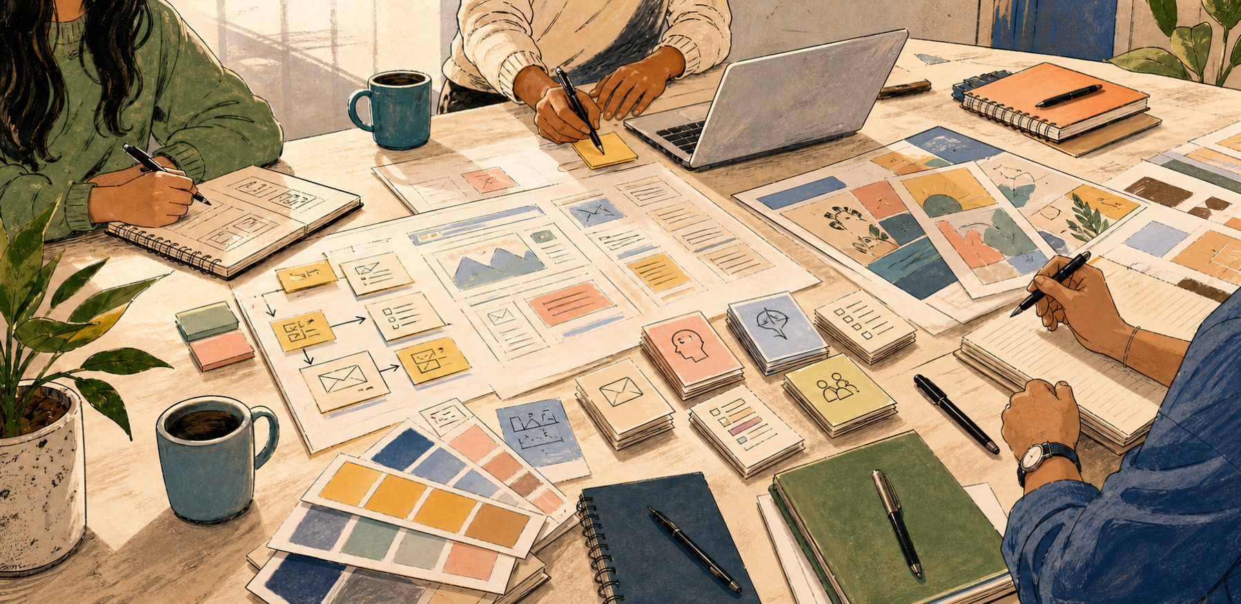 Illustrated studio workspace with service planning materials, website layouts, automation notes, and marketing pieces arranged on a table.