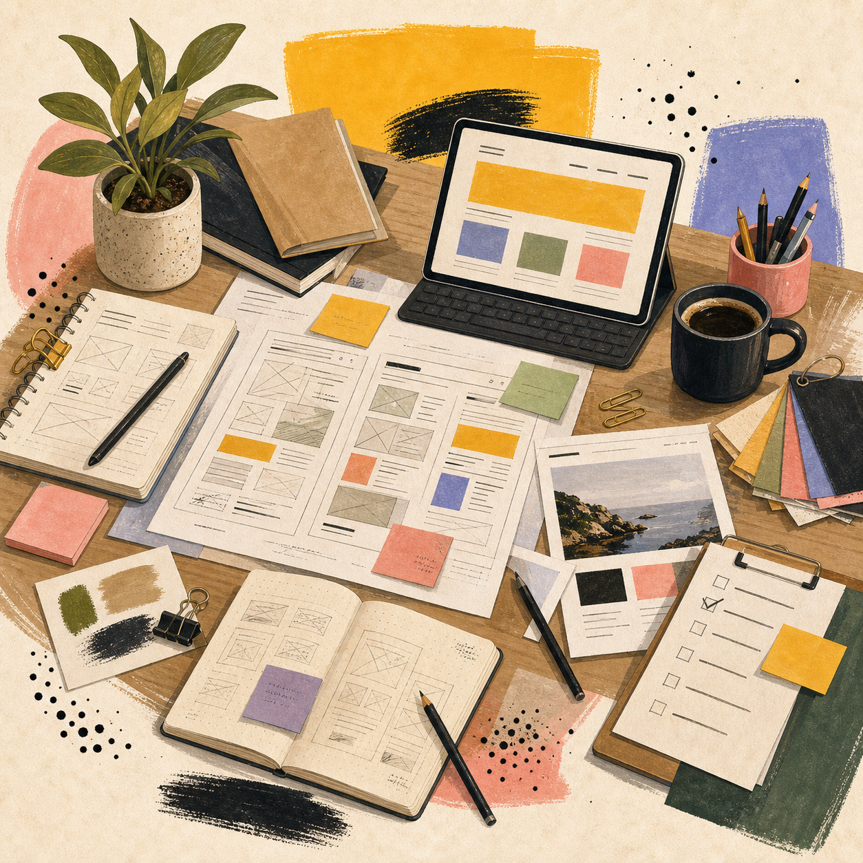 Illustrated studio table with wireframes, notes, launch materials, and design tools.